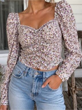 Astr Multi Floral Puff-Sleeve Sweetheart Crop Top medium new